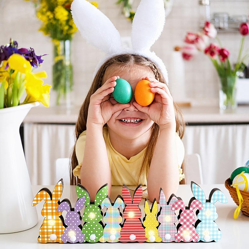Yousoontic Easter Decorations Wooden Easter Decor for Table with LED Lights Bunny Table Centerpieces with Plush Tail 3D Block Rabbit Sign Farmhouse Decor for Spring Home Mantel Desk Office Party - Image 3