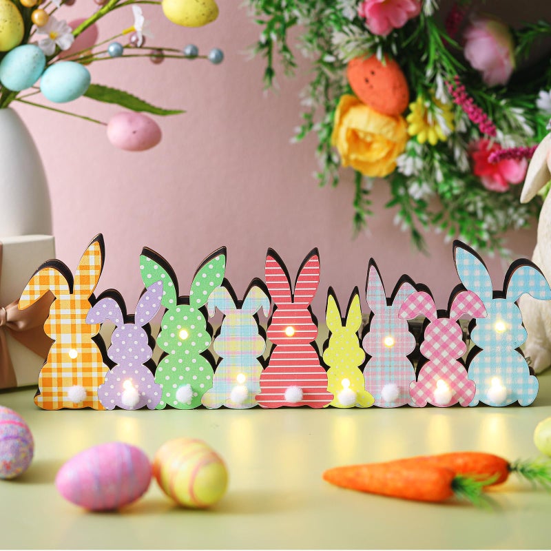 Yousoontic Easter Decorations Wooden Easter Decor for Table with LED Lights Bunny Table Centerpieces with Plush Tail 3D Block Rabbit Sign Farmhouse Decor for Spring Home Mantel Desk Office Party - Image 2