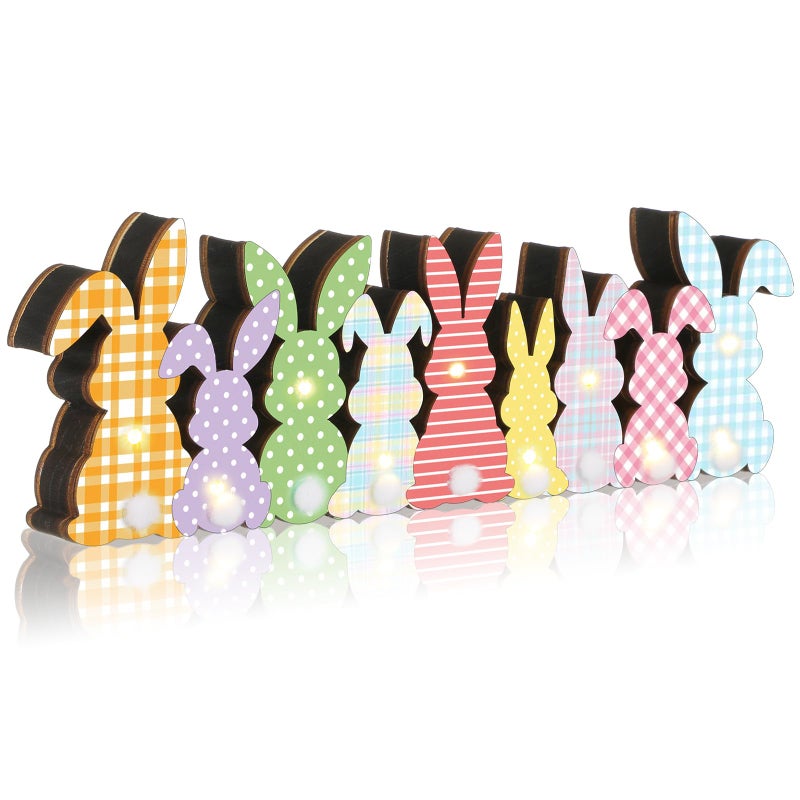 Yousoontic Easter Decorations Wooden Easter Decor for Table with LED Lights Bunny Table Centerpieces with Plush Tail 3D Block Rabbit Sign Farmhouse Decor for Spring Home Mantel Desk Office Party - Image 1