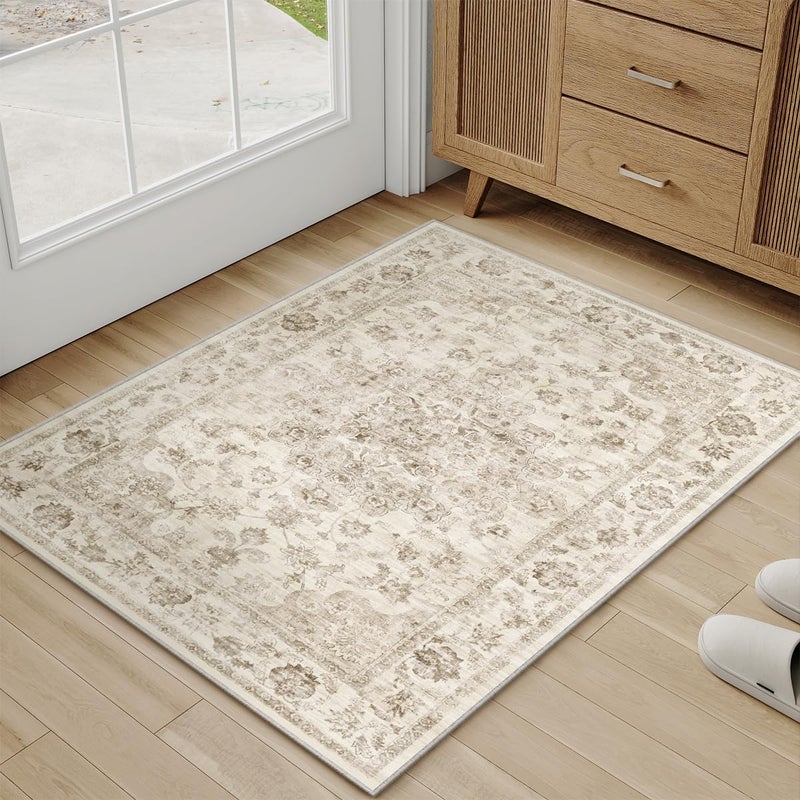 WondRg 2x3 Washable Neutral Area Rug Beige Vintage Entryway Kitchen Carpet Non-Slip Soft Low Pile Floral Indoor Small Throw Rug for Bedroom Bathroom Entrance - Image 5