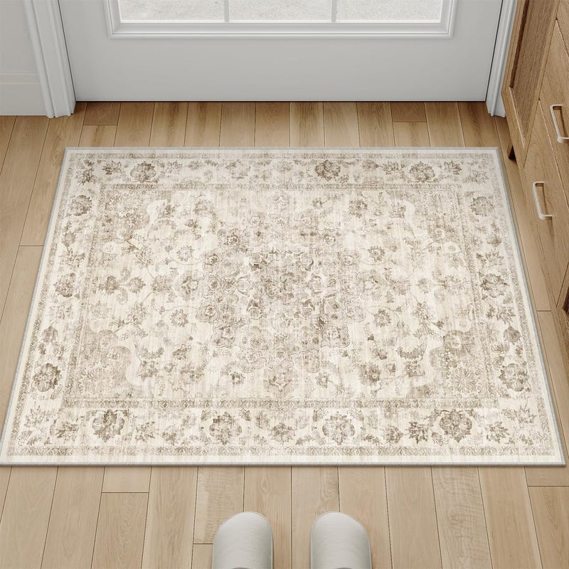 WondRg 2x3 Washable Neutral Area Rug Beige Vintage Entryway Kitchen Carpet Non-Slip Soft Low Pile Floral Indoor Small Throw Rug for Bedroom Bathroom Entrance - Image 4
