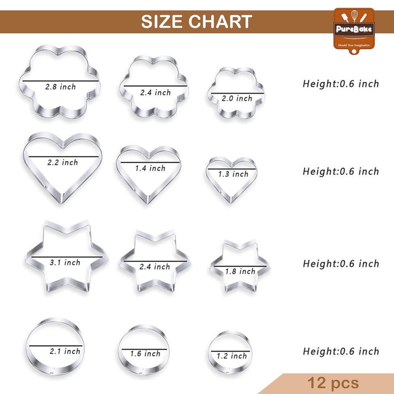 PureBake مجموعة قواطع بسكويت بأشكال، 12 قطعة قواطع معدنية من الفولاذ المقاوم للصدأ على شكل زهور، قلوب، نجوم، ودائرية لخبز الكعك في المطبخ، مناسبة للهالوين وعيد الميلاد، قواطع بسكويت صغيرة. - Image 2