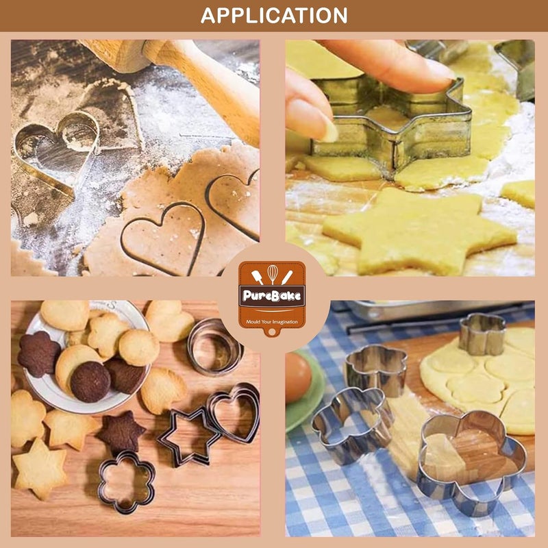 PureBake مجموعة قواطع بسكويت بأشكال، 12 قطعة قواطع معدنية من الفولاذ المقاوم للصدأ على شكل زهور، قلوب، نجوم، ودائرية لخبز الكعك في المطبخ، مناسبة للهالوين وعيد الميلاد، قواطع بسكويت صغيرة. - Image 4