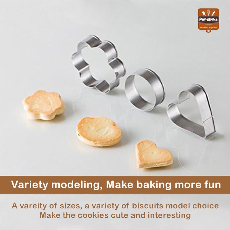 PureBake مجموعة قواطع بسكويت بأشكال، 12 قطعة قواطع معدنية من الفولاذ المقاوم للصدأ على شكل زهور، قلوب، نجوم، ودائرية لخبز الكعك في المطبخ، مناسبة للهالوين وعيد الميلاد، قواطع بسكويت صغيرة. - Image 3
