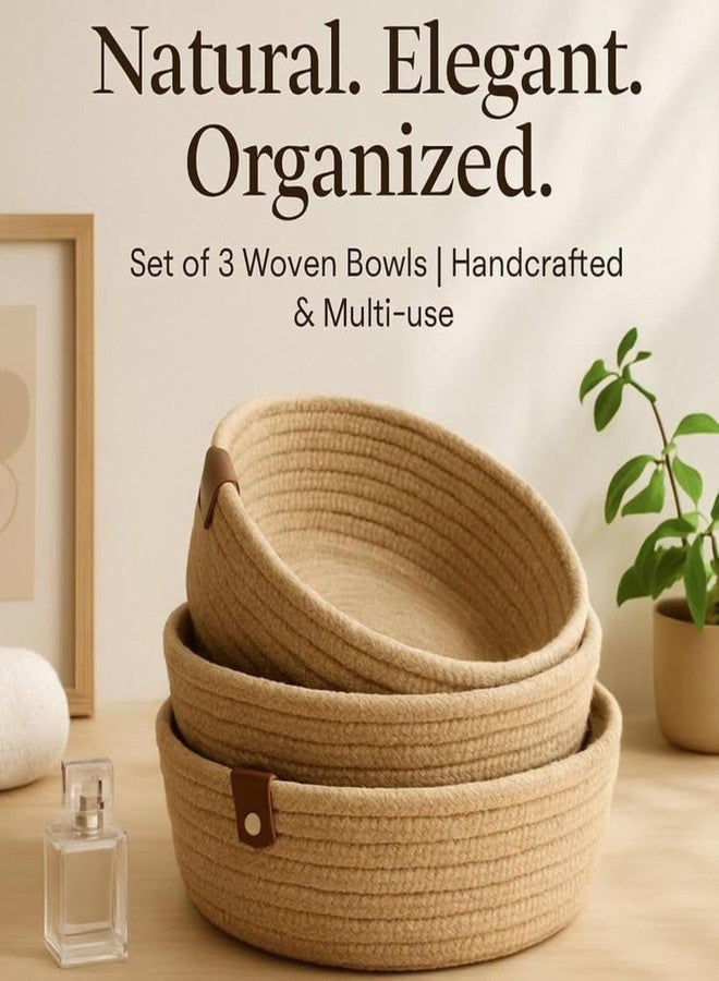 Smartkart Cotton Rope Storage Baskets, Set of 3, Natural Jute Woven Bowls for Fruit and Bread, Beige - Image 3