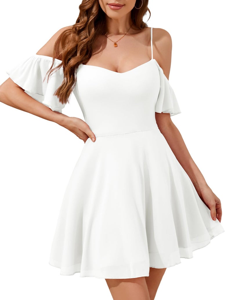 Meetjen Womens V Neck Short Prom Dresses for Teens Homecoming Elegant Off Shoulder Vintage Graduation Dress White L - Image 1