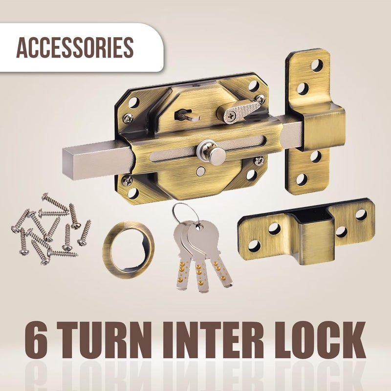 Link Sparta 6 Turn Door Lock - Brass Cylinder with 3 Hi-Tech Keys, Main Door Lock, Double Door Compatibility (Antique Brass) - Image 2