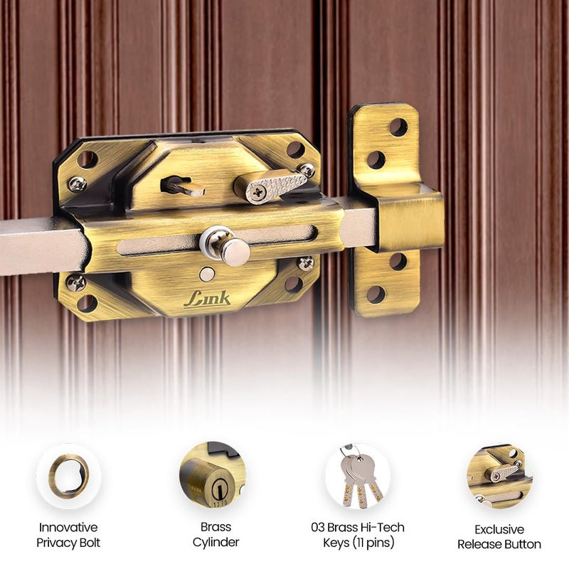 Link Sparta 6 Turn Door Lock - Brass Cylinder with 3 Hi-Tech Keys, Main Door Lock, Double Door Compatibility (Antique Brass) - Image 5