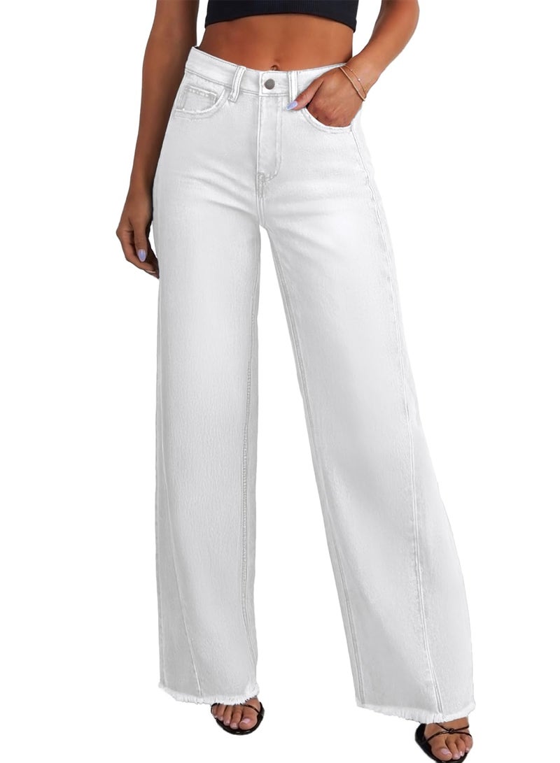 Sidefeel Women's Wide Leg Jeans High Waisted Stretchy Raw Hem Denim Pants Size 16 White - Image 1