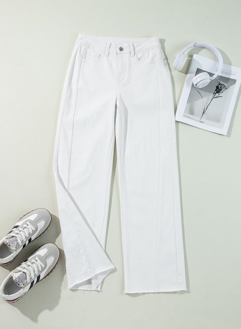 Sidefeel Women's Wide Leg Jeans High Waisted Stretchy Raw Hem Denim Pants Size 16 White - Image 3