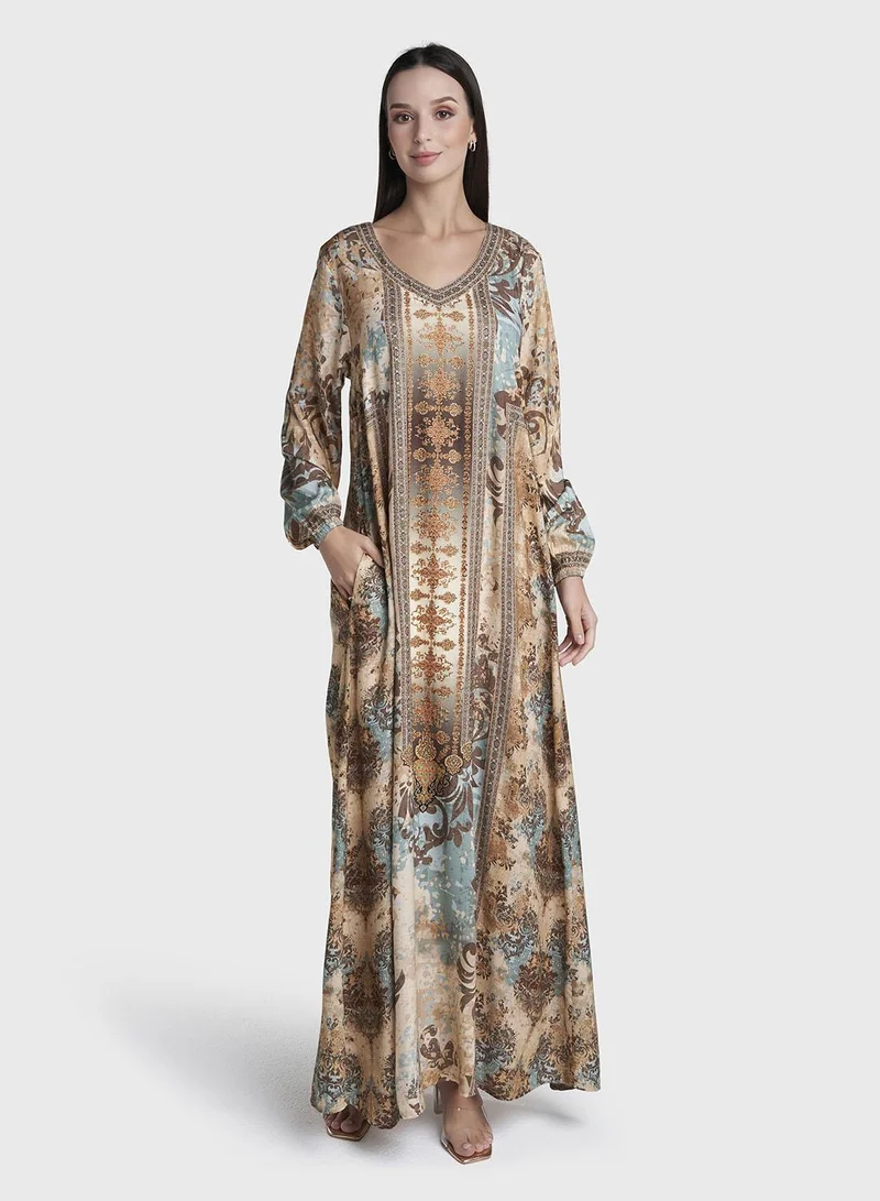 كشخة Brown Colour Stone Work Rayon Abstract Printed Jalabiya (VDC123)