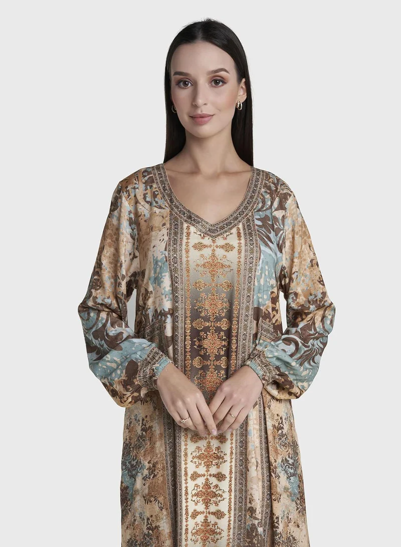 كشخة Brown Colour Stone Work Rayon Abstract Printed Jalabiya (VDC123)