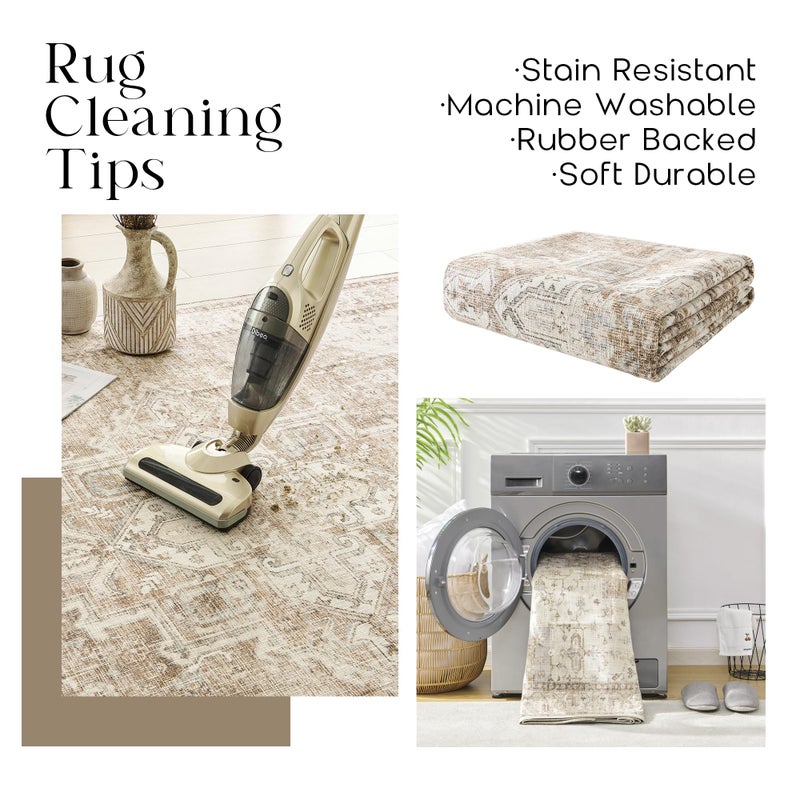 BILEEHOME Boho Neutral Living Room Rug 5x7 Washable Vintage Rustic Earth Tone Modern Farmhouse Style Easy to Clean Stain Resistant Area Rugs for Dining Room Light Tan Brown and Beige - Image 3