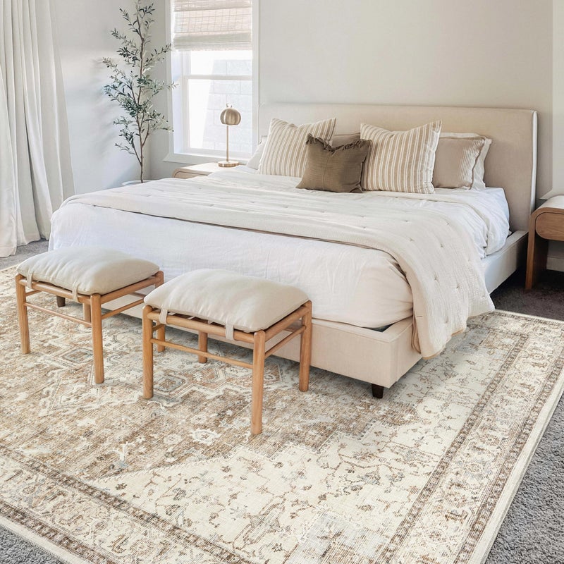 BILEEHOME Boho Neutral Living Room Rug 5x7 Washable Vintage Rustic Earth Tone Modern Farmhouse Style Easy to Clean Stain Resistant Area Rugs for Dining Room Light Tan Brown and Beige - Image 5