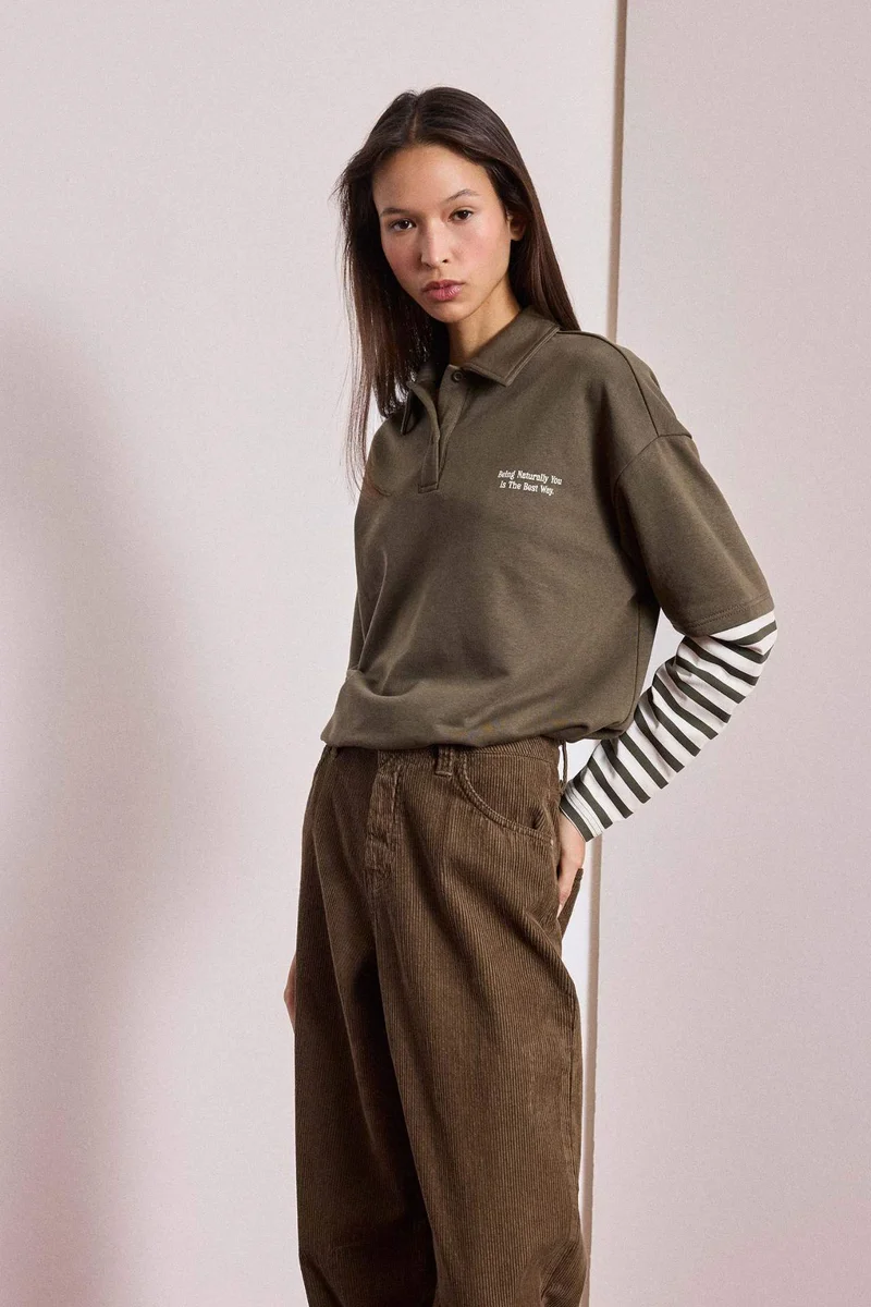 ديفاكتو Printed Long Sleeve Polo Collar T-shirt