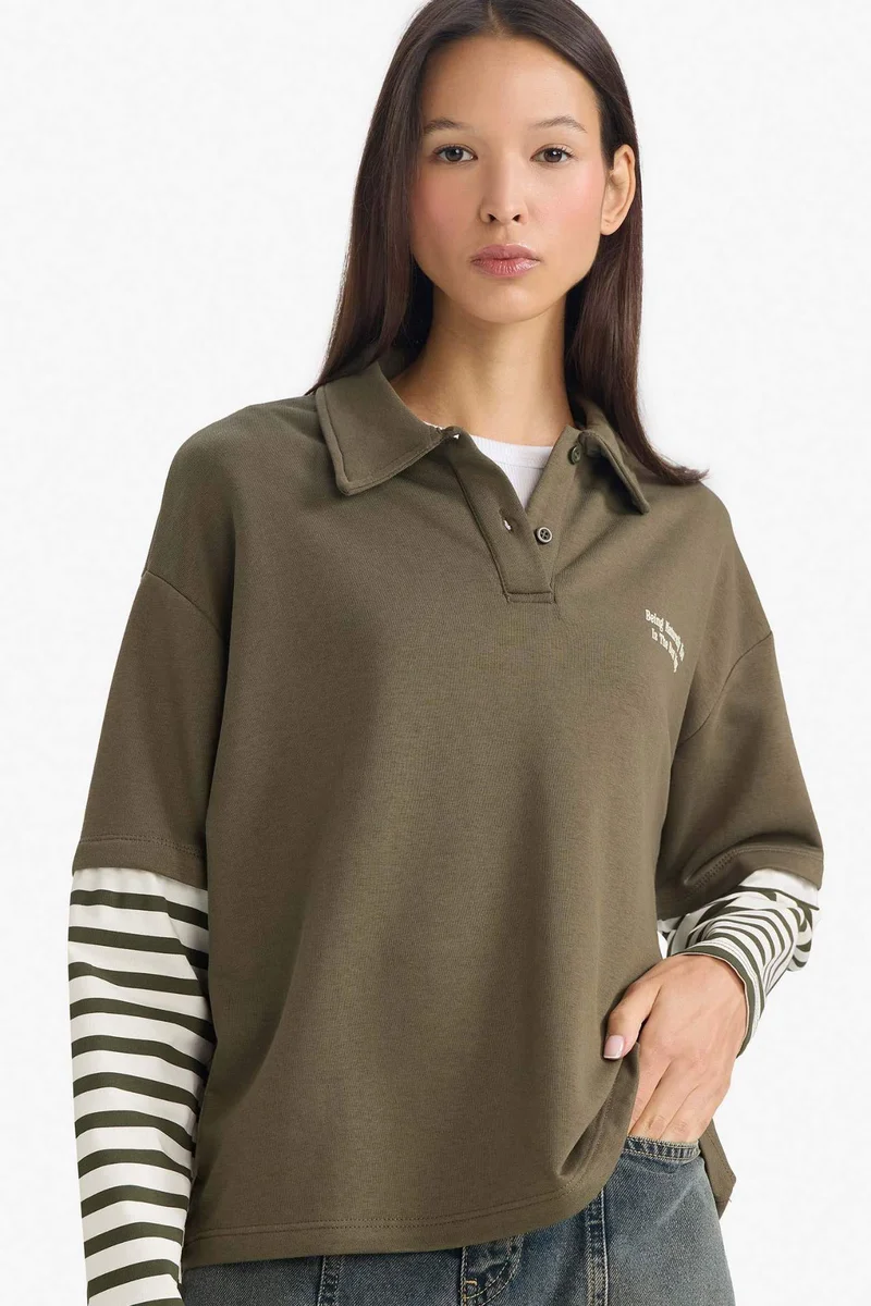 ديفاكتو Printed Long Sleeve Polo Collar T-shirt