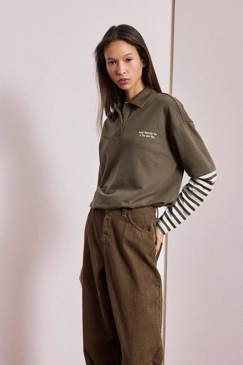 ديفاكتو Printed Long Sleeve Polo Collar T-shirt