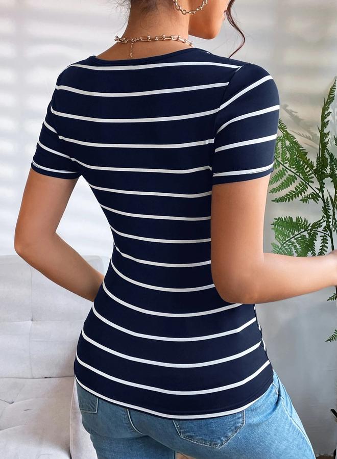 تايك تو تيشيرت قطن مخطط برقبة دائرية وأكمام قصيرة - Image 2