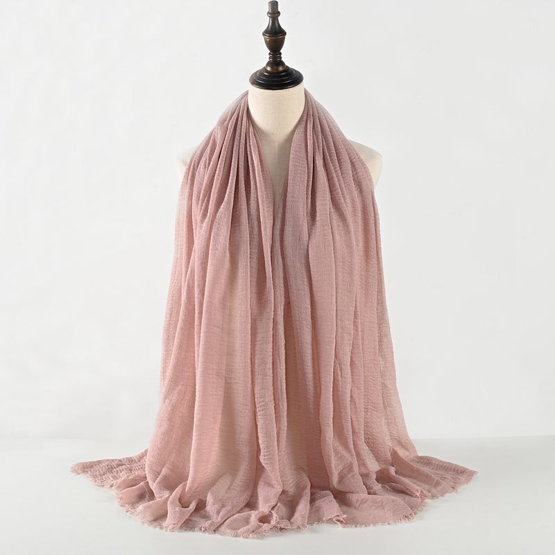 Pleated Solid Color Imitation Cotton-Linen Malaysian Headscarf With Crinkled Fringe, Large Size Bubble Scarf, Headscarf, Long Scarf, Shawl - Image 2