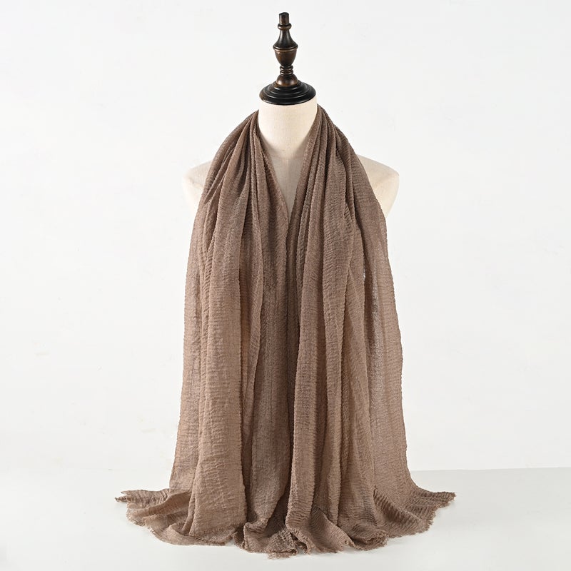 Pleated Solid Color Imitation Cotton-Linen Malaysian Headscarf With Crinkled Fringe, Large Size Bubble Scarf, Headscarf, Long Scarf, Shawl - Image 1