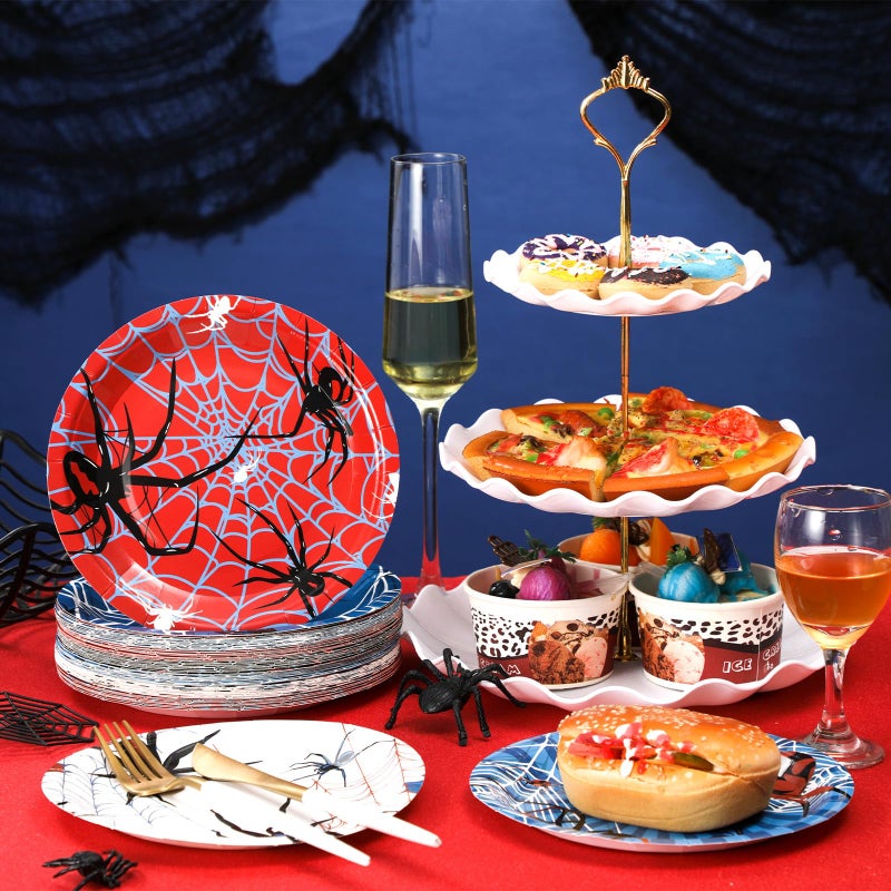 Moinchore 60 Pcs Spider Web Paper Plates Bulk 7 Inches Disposable Round Dessert Plates for Spider Birthday Party Dinner Supplies - Image 4