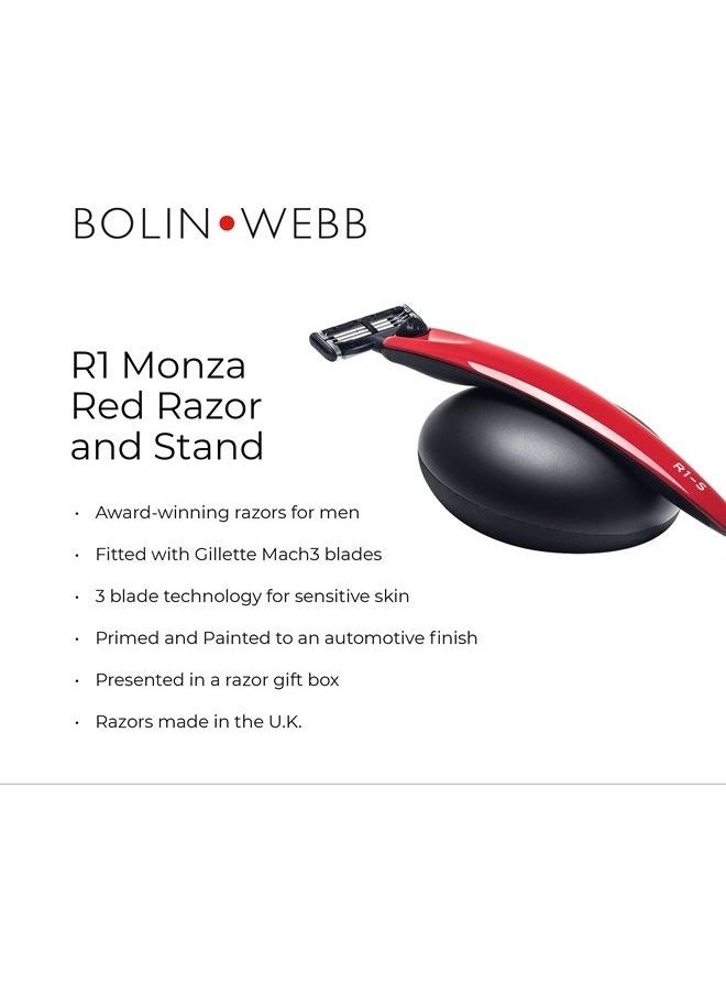 Razor in Monza Red and Stand. Fitted with Gillette Mach3 Blade Cartridge. Luxury Razors for Men - Giftable R1 Style.