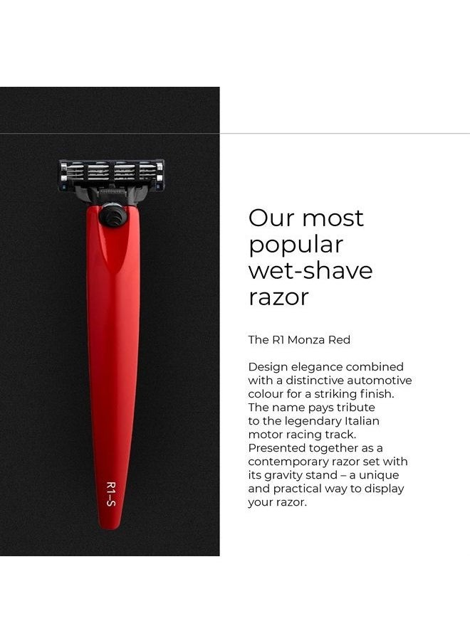 Razor in Monza Red and Stand. Fitted with Gillette Mach3 Blade Cartridge. Luxury Razors for Men - Giftable R1 Style.