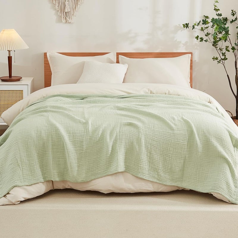 EMME Muslin Blanket Adult 100% Cotton, 130 x 150 cm Mint Green Summer Throw Blankets for Couch, Breathable Gauze Blanket All Seasons, Soft and Easily Pre-Washed Cotton Blanket - Image 1