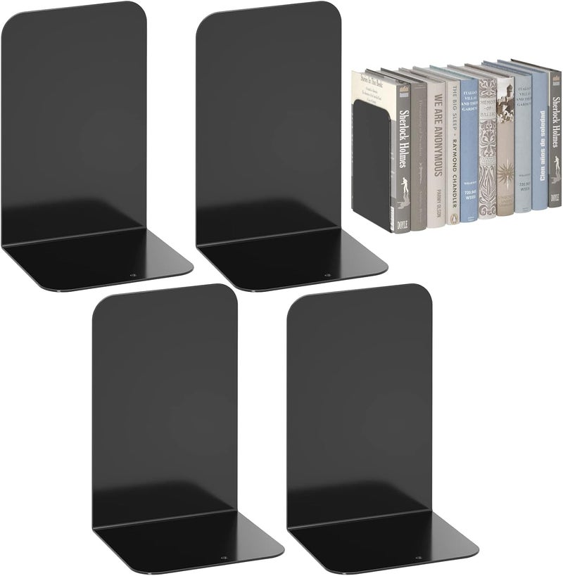 VFINE Metal Bookends 2 Pairs, Black Book Ends, Bookends for Shelves, Book Stopper for Heavy Books, Book Dividers for Home Office School Supplies - Image 1