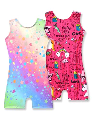 Nymphperi Gymnastics Leotards for Girls 4t 5t 2 Pack Rainbow Star Unitards Sleeveless Hot Pink Unicorn Biketard - Image 1