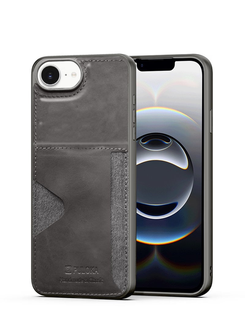 PULOKA Apple iPhone 16e 2025 PULOKA Card Holder Skin-feel PU Leather Back Silicone Sides Case Cover - Grey - Image 1