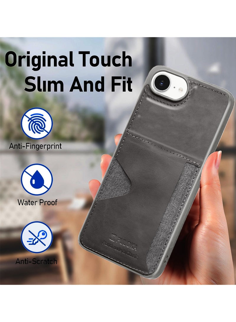 PULOKA Apple iPhone 16e 2025 PULOKA Card Holder Skin-feel PU Leather Back Silicone Sides Case Cover - Grey - Image 2