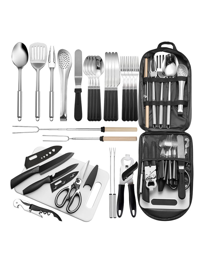 Arabest Portable Camping Kitchen Utensil Set-27 Piece Cookware Kit, Stainless Steel Outdoor Cooking and Grilling Utensil Organizer Travel Set Perfect for Travel, Picnics, RVs, Camping, BBQs, Parties and More  - Image 1