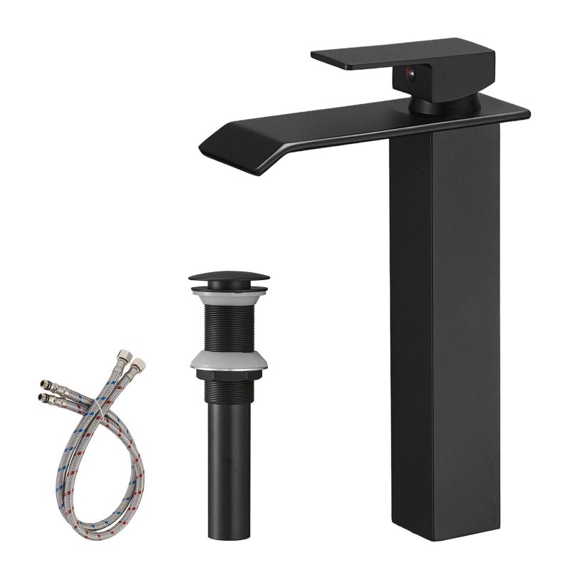 Homevacious Matte Black Bathroom Faucet Waterfall Vessel Sink Faucet Single Handle Tall Bowl Faucets with Pop Up Drain Assembly and Supply Hose Single Hole Lavatory Mixer Tap Deck Mounted