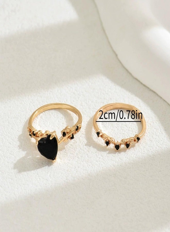 BlingNook Gold Rings Set For Women, Trendy Black Heart-Shaped 2 Pcs Vintage Style Stackable Plated Elegant Oval Cubic Stackable Promise Wedding Engagement The Bling Ring Jewelry Wife Mother Gift (Gold Black 7) - Image 5