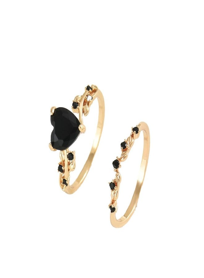 BlingNook Gold Rings Set For Women, Trendy Black Heart-Shaped 2 Pcs Vintage Style Stackable Plated Elegant Oval Cubic Stackable Promise Wedding Engagement The Bling Ring Jewelry Wife Mother Gift (Gold Black 7) - Image 1