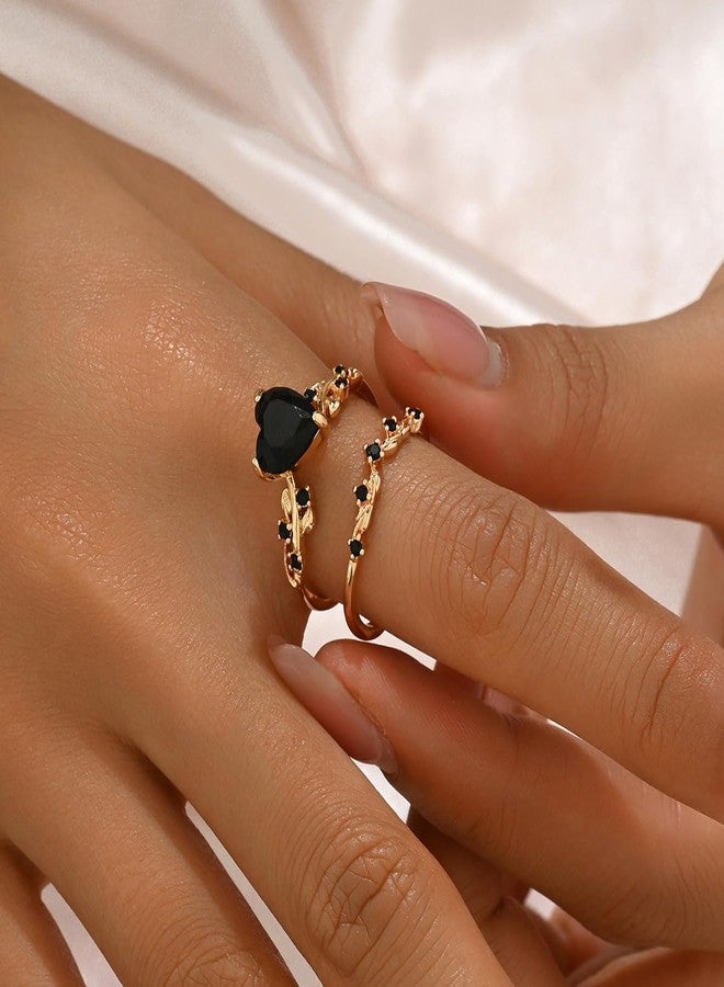 BlingNook Gold Rings Set For Women, Trendy Black Heart-Shaped 2 Pcs Vintage Style Stackable Plated Elegant Oval Cubic Stackable Promise Wedding Engagement The Bling Ring Jewelry Wife Mother Gift (Gold Black 7) - Image 3
