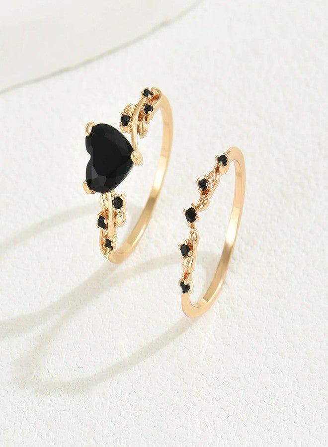 BlingNook Gold Rings Set For Women, Trendy Black Heart-Shaped 2 Pcs Vintage Style Stackable Plated Elegant Oval Cubic Stackable Promise Wedding Engagement The Bling Ring Jewelry Wife Mother Gift (Gold Black 7) - Image 4
