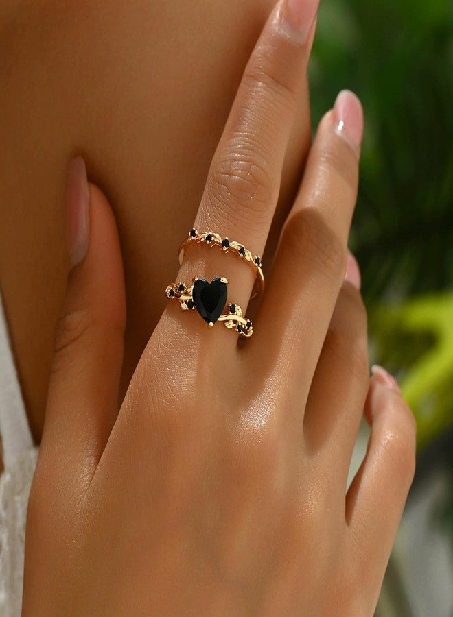 BlingNook Gold Rings Set For Women, Trendy Black Heart-Shaped 2 Pcs Vintage Style Stackable Plated Elegant Oval Cubic Stackable Promise Wedding Engagement The Bling Ring Jewelry Wife Mother Gift (Gold Black 7) - Image 2