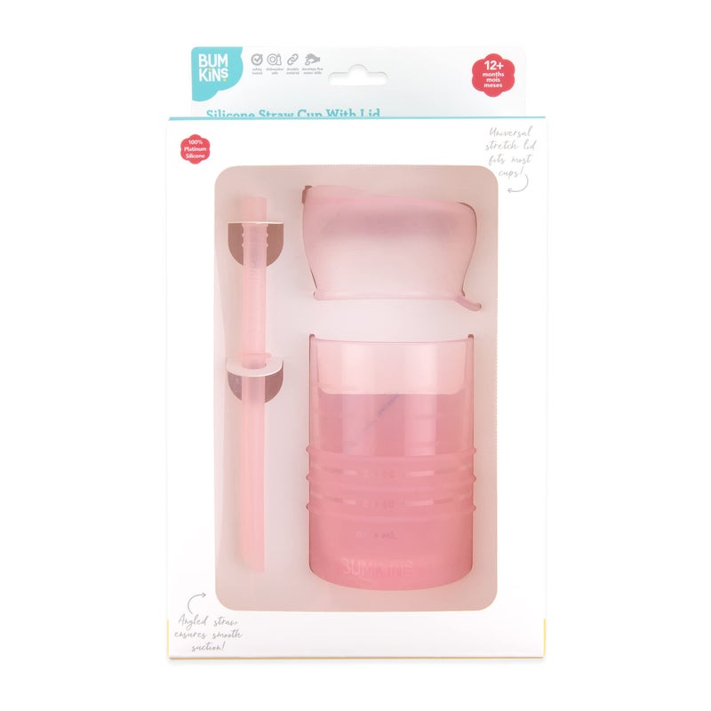 Bumkins Baby and Toddler Cups, Sippy Cup with Straw, Spill Proof, Transition Cup for Babies Ages 1 Year, Safely Sip from Lid, Straw or Cup, First Year Supplies, Platinum Silicone, Holds 7oz, Pink - Image 5