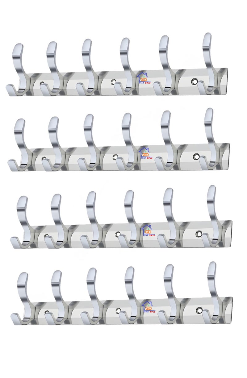 GHAR DWAR S Type Stainless Steel Pin Cloth Hanger Wall Hooks Rail for Hanging Clothes Bathroom Wall Door for Hanging Keys,Towel (6 Pin Silver, Pack of 4) - Image 1