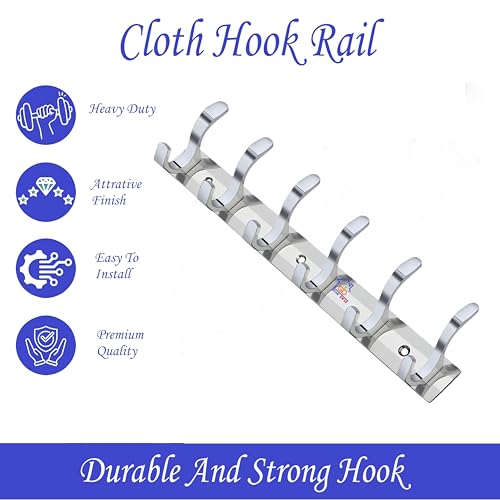 GHAR DWAR S Type Stainless Steel Pin Cloth Hanger Wall Hooks Rail for Hanging Clothes Bathroom Wall Door for Hanging Keys,Towel (6 Pin Silver, Pack of 4) - Image 3