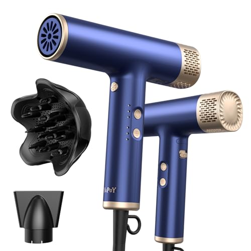 YAPOY Professional Hair Dryer with Diffuser Fast Drying 200 Million Ionic Blow Dryer with 110, 000 RPM High-Speed No Heat Damage Intelligent Thermo-Control Low Noise, Blue - Image 1