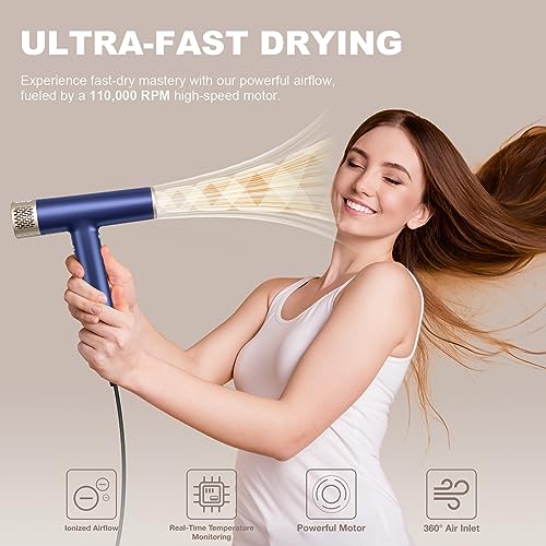 YAPOY Professional Hair Dryer with Diffuser Fast Drying 200 Million Ionic Blow Dryer with 110, 000 RPM High-Speed No Heat Damage Intelligent Thermo-Control Low Noise, Blue - Image 3