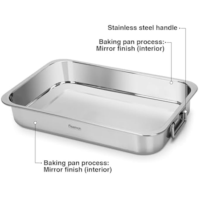 فيسمان صينية تحميص مستطيلة 32×23 سم، مصنوعة من الفولاذ المقاوم للصدأ، بعمق 5 سم، بمقابض قابلة للطي، لمسة نهائية مصقولة، صينية تحميص متينة عالية الحرارة للخبز، فرن التحميص، آمنة للاستخدام في غسالة الأطباق - Image 4