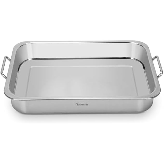 فيسمان صينية تحميص مستطيلة 32×23 سم، مصنوعة من الفولاذ المقاوم للصدأ، بعمق 5 سم، بمقابض قابلة للطي، لمسة نهائية مصقولة، صينية تحميص متينة عالية الحرارة للخبز، فرن التحميص، آمنة للاستخدام في غسالة الأطباق - Image 2