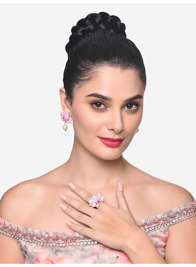 erorex Pink Red Lotus Enamel Pearls Ethnic Drops Earring And Ring Set For Women Zpfk16230 - Image 5