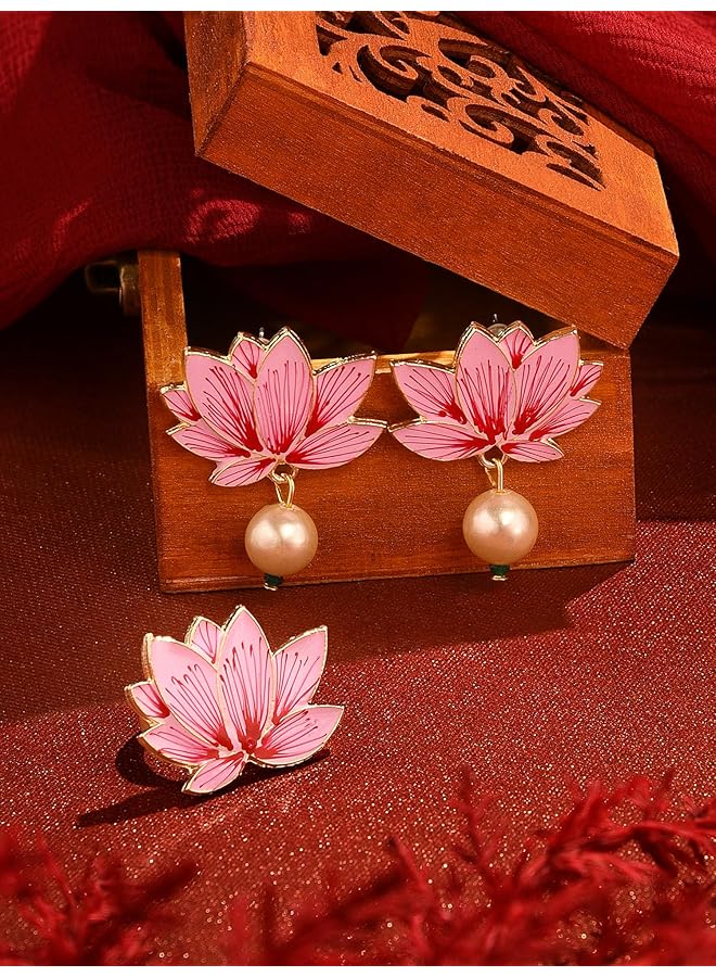 erorex Pink Red Lotus Enamel Pearls Ethnic Drops Earring And Ring Set For Women Zpfk16230 - Image 2