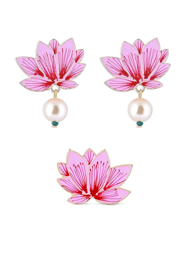erorex Pink Red Lotus Enamel Pearls Ethnic Drops Earring And Ring Set For Women Zpfk16230 - Image 1