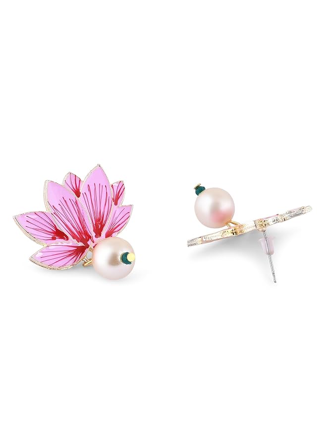 erorex Pink Red Lotus Enamel Pearls Ethnic Drops Earring And Ring Set For Women Zpfk16230 - Image 4